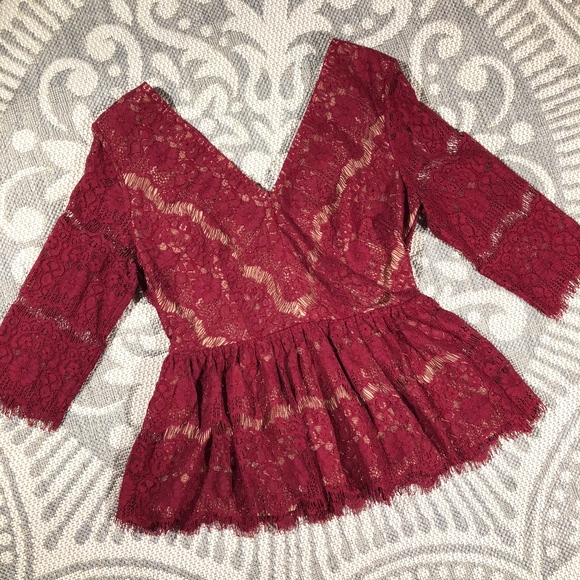 Anthropologie Tops - Anthropologie Maeve Maroon Red Peplum Lace